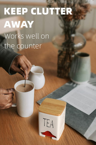 QUXIJA tea bag organizer with lid, close-up lid detail for aroma preservation.
