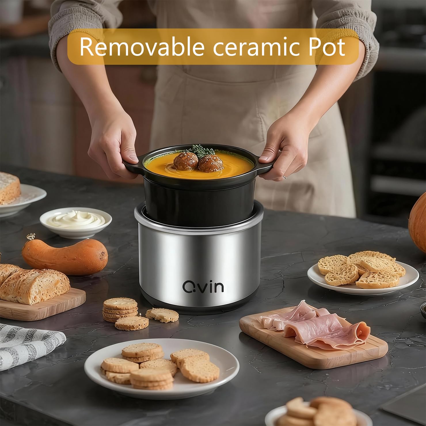 Qvin dishwasher-safe ceramic pot for quick cleanup.