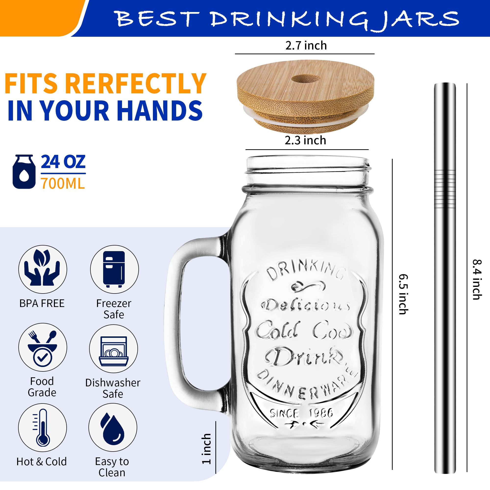 QWEZXO stainless steel straws accompany jars for reusable sipping.