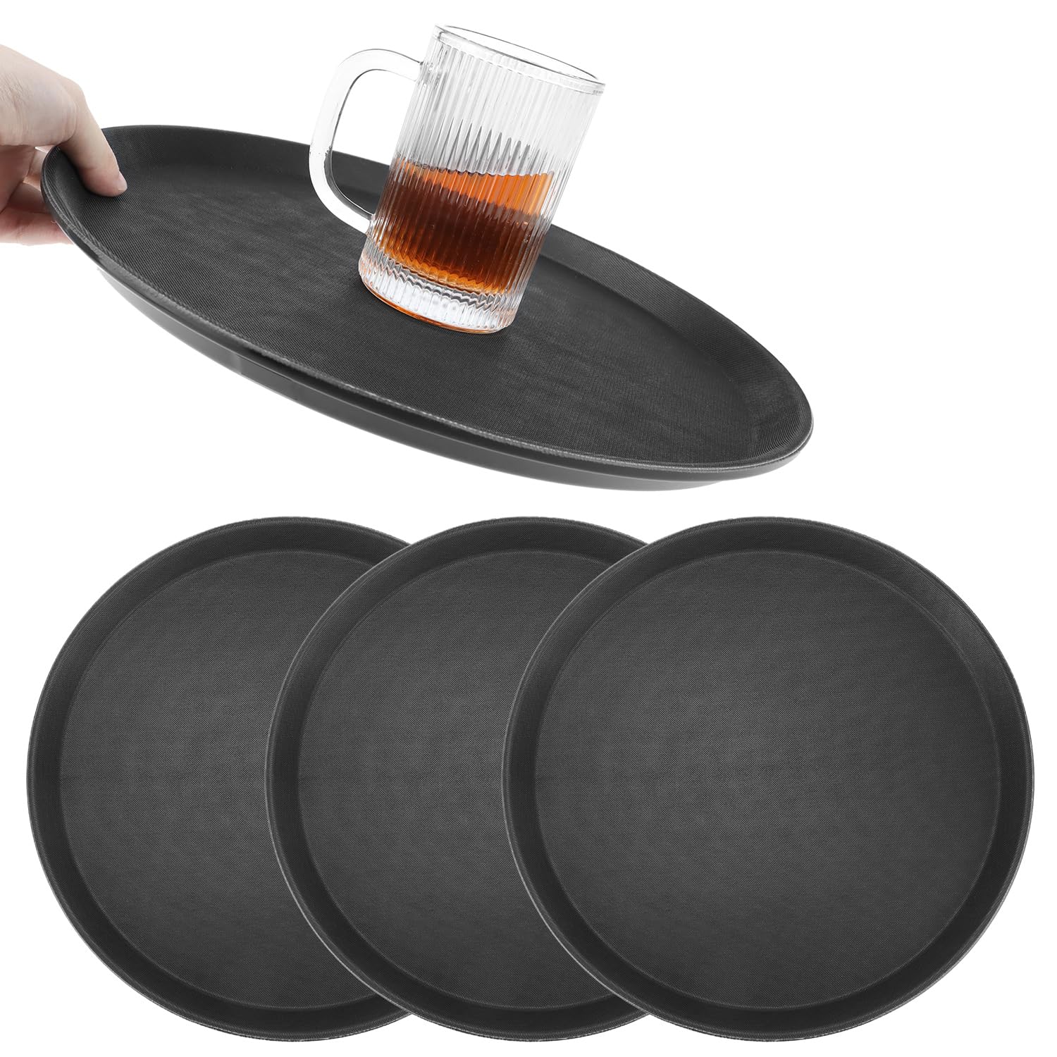 QWORK 14 inch round tray with non-slip rubber liner prevents spills during service