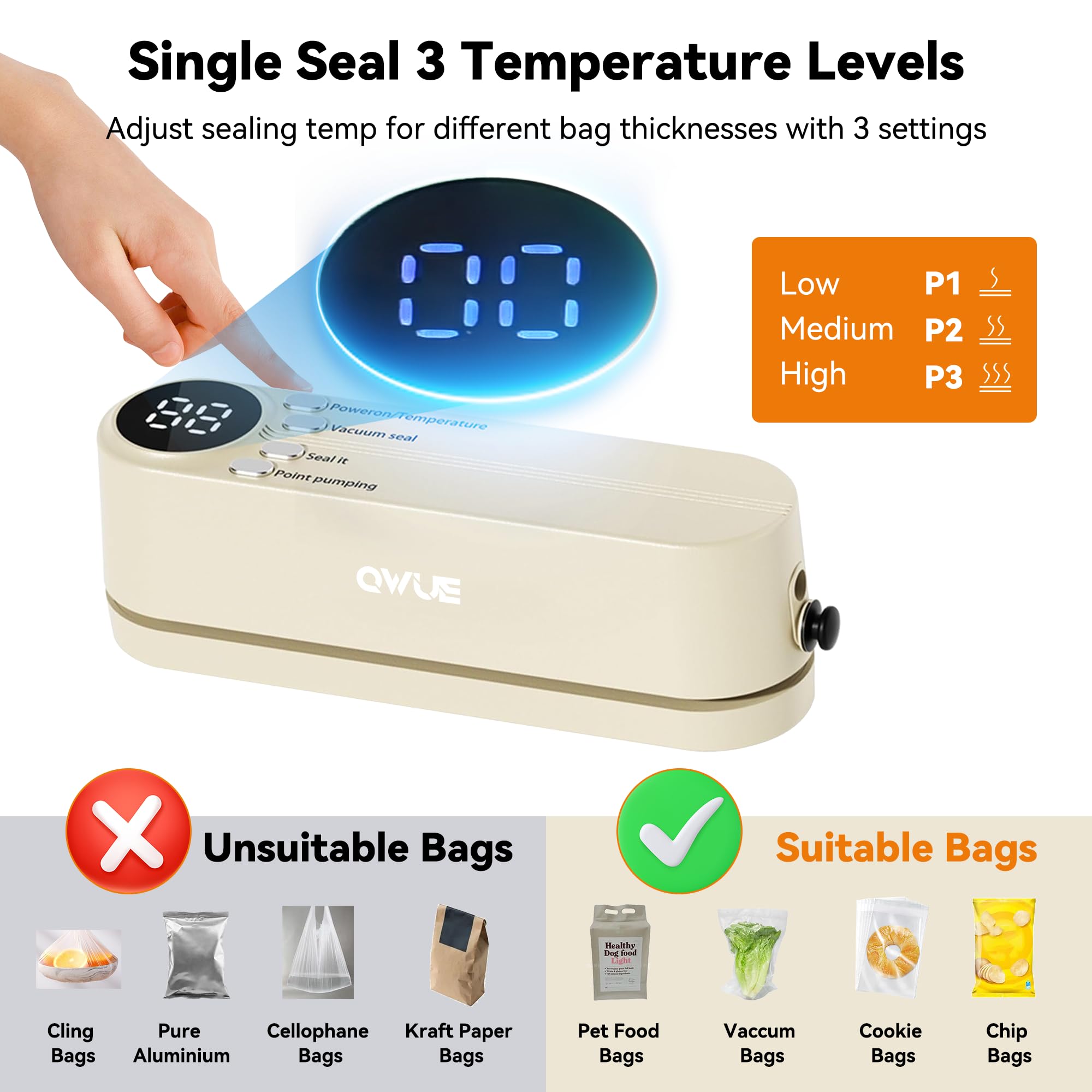 QWUE 60kPa suction enables quick, secure bag sealing.