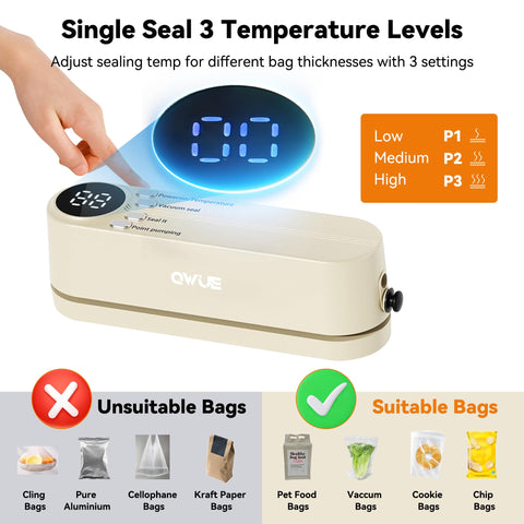 QWUE 60kPa suction enables quick, secure bag sealing.