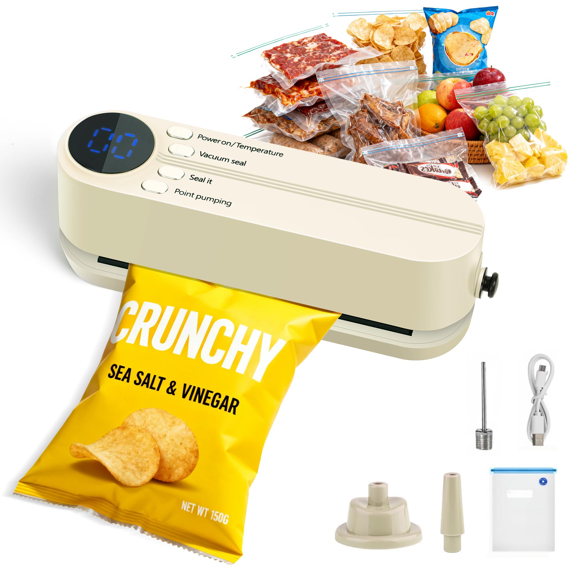QWUE Food Storage Vacuum Sealer in action showing mini 3-in-1 sealing for freshness.
