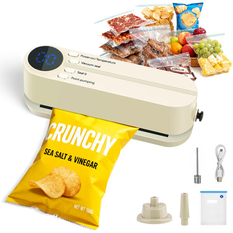 QWUE Food Storage Vacuum Sealer in action showing mini 3-in-1 sealing for freshness.