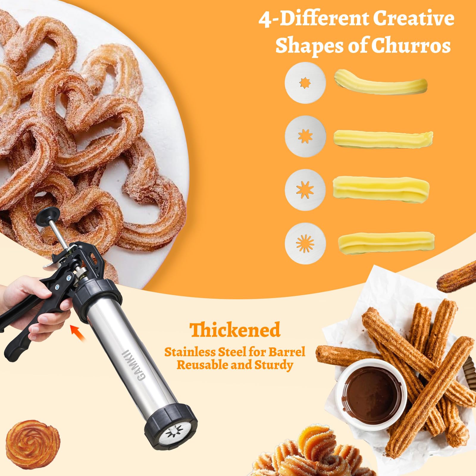 Ergonomic gun grip enables comfortable, effortless churro shaping.