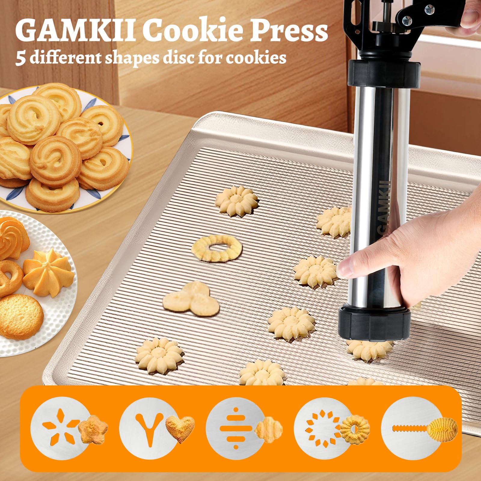 Seven stainless piping nozzles provide versatile pastry decorating options.