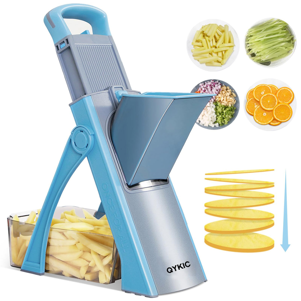 QYKIC upgrade safe mandoline slicer blue full view for quick, even veggies