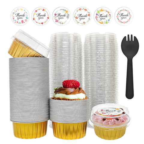 QZV gold aluminium foil baking cups with lids, durable for oven and easy transport.