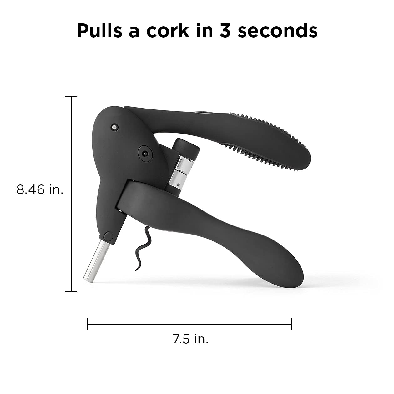 Rabbit foil cutter and extra spiral on black lever corkscrew for quick foil removal and replacement.
