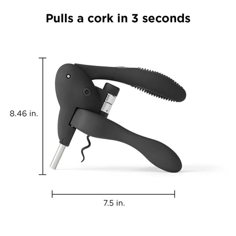 Rabbit foil cutter and extra spiral on black lever corkscrew for quick foil removal and replacement.