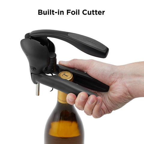 Rabbit lever design with solid metal construction for stable cork removal.