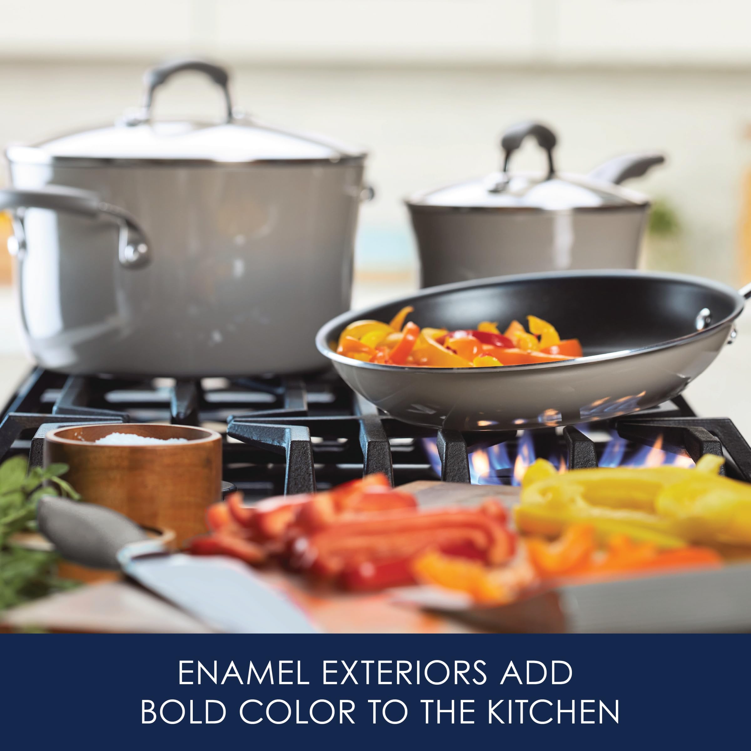 Rachael Ray Brights 3-qt sauté pan with lid for searing and sautéing.
