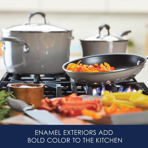 Rachael Ray Brights 3-qt sauté pan with lid for searing and sautéing.