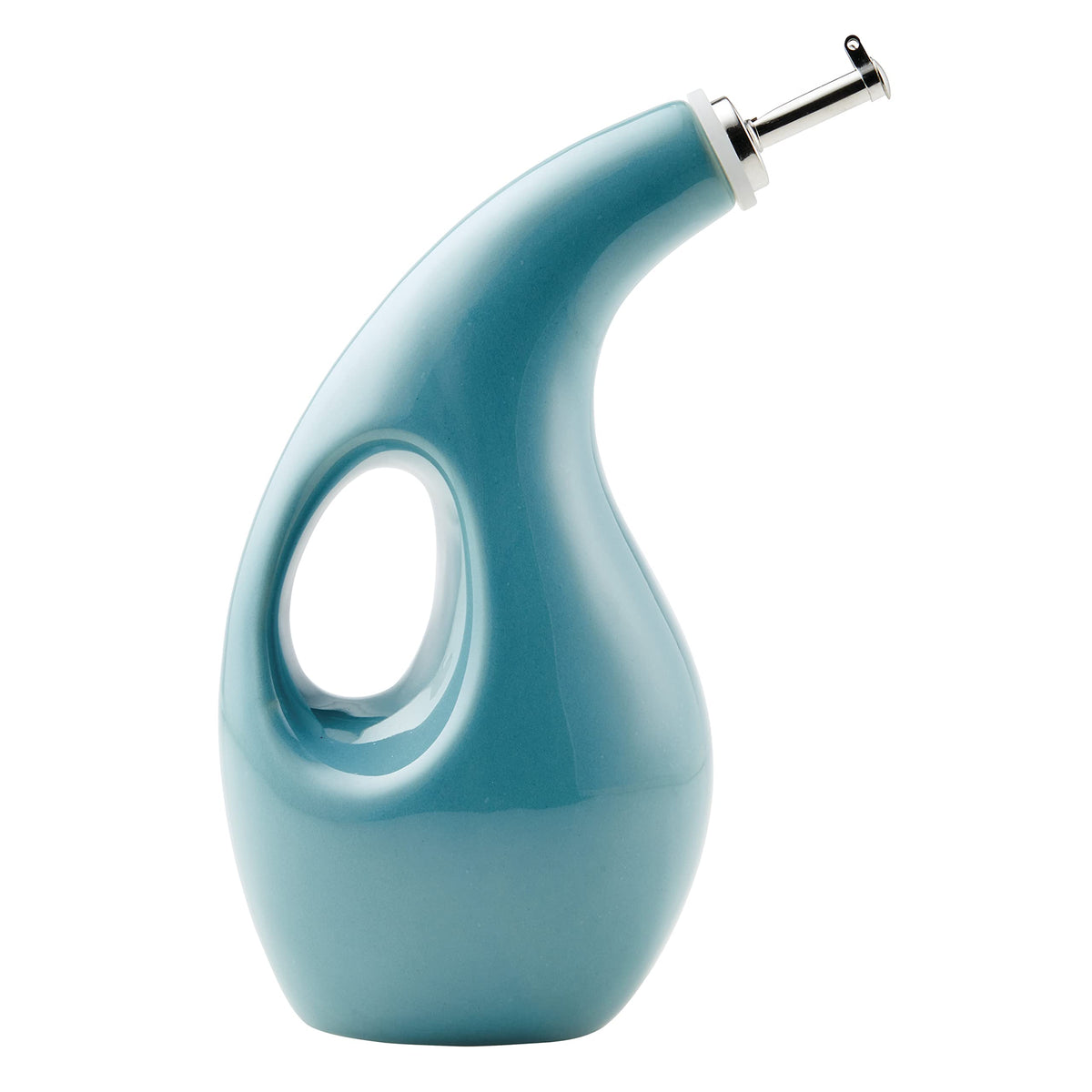 Rachael Ray ceramic EVOO bottle front view in agave blue for easy pour control