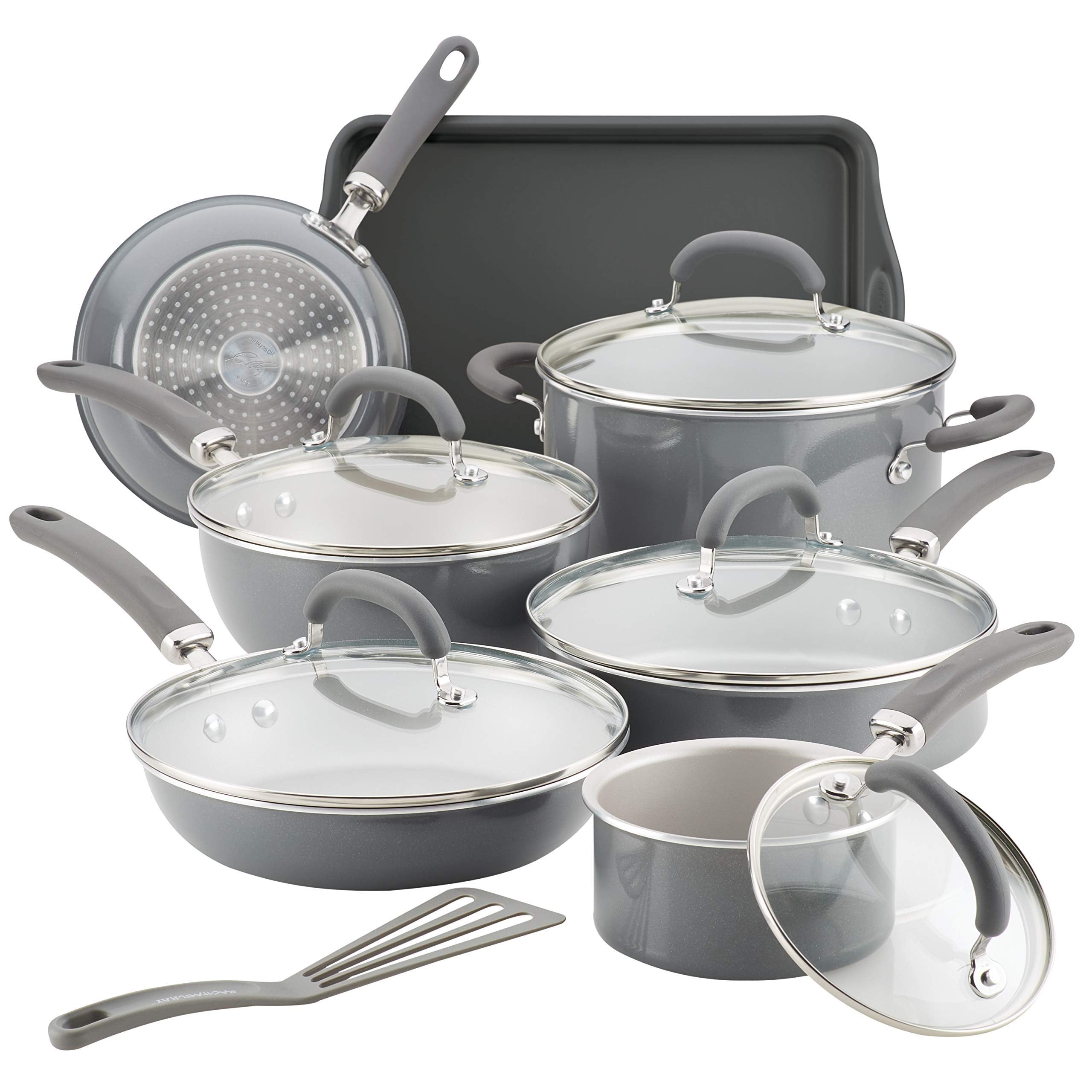 Rachael Ray Create Delicious 13-piece set overview with shimmering gray finish for even heating and easy food release.