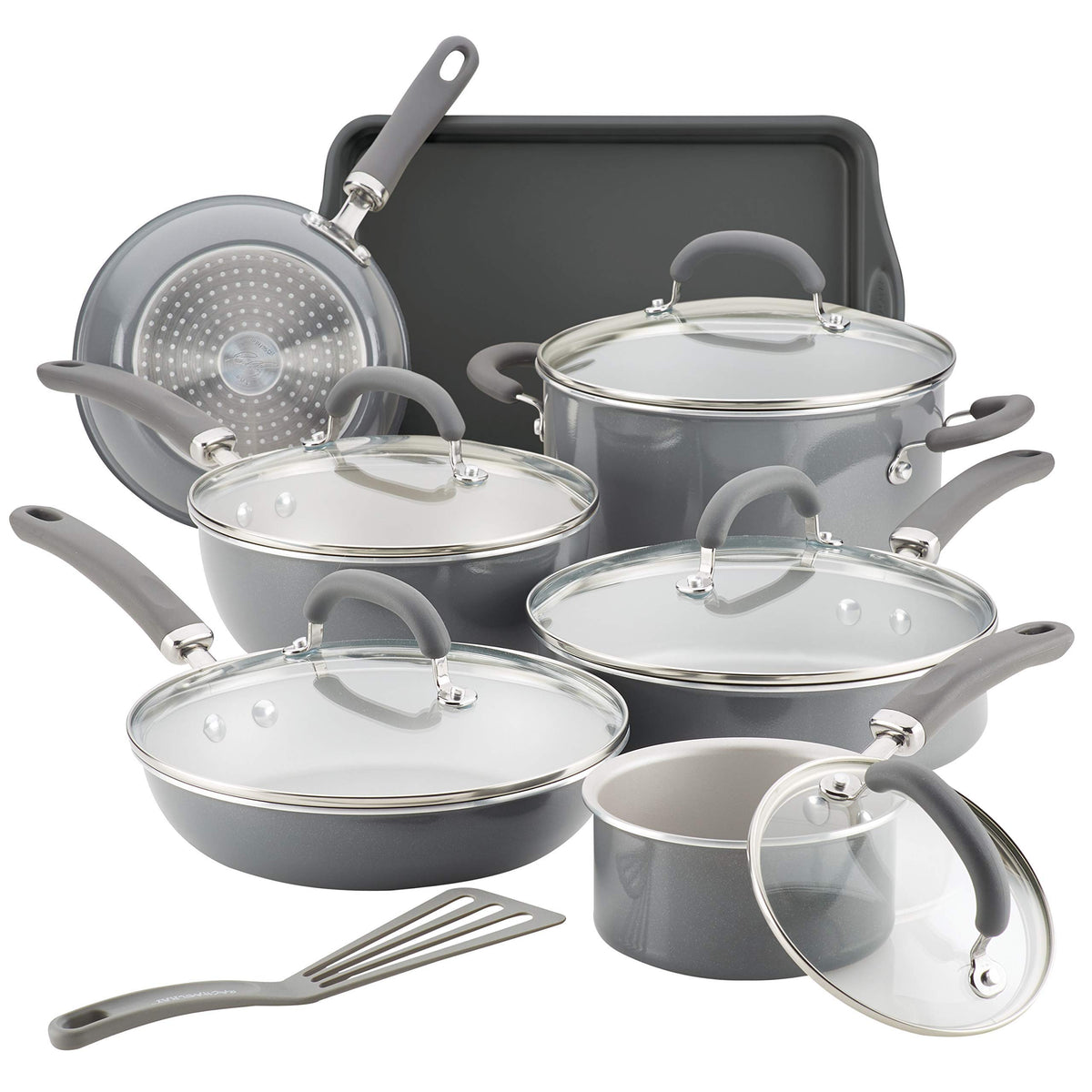 Rachael Ray Create Delicious 13-piece set overview with shimmering gray finish for even heating and easy food release.