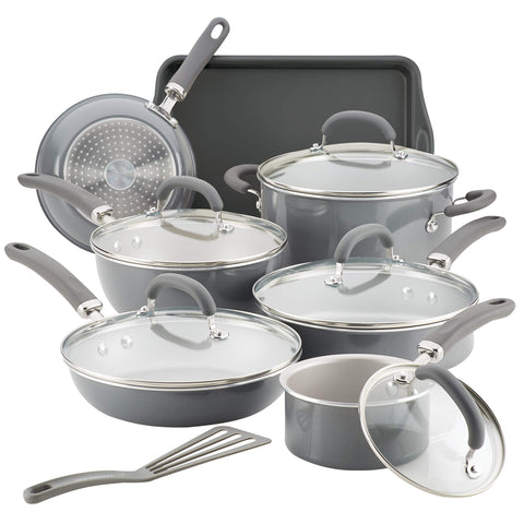 Rachael Ray Create Delicious 13-piece set overview with shimmering gray finish for even heating and easy food release.