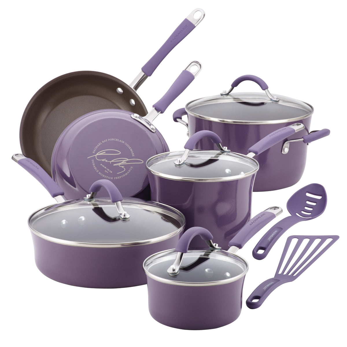 Rachael Ray Cucina 12-piece lavender nonstick set with pots and pans for easy release