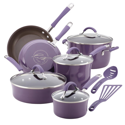 Rachael Ray Cucina 12-piece lavender nonstick set with pots and pans for easy release