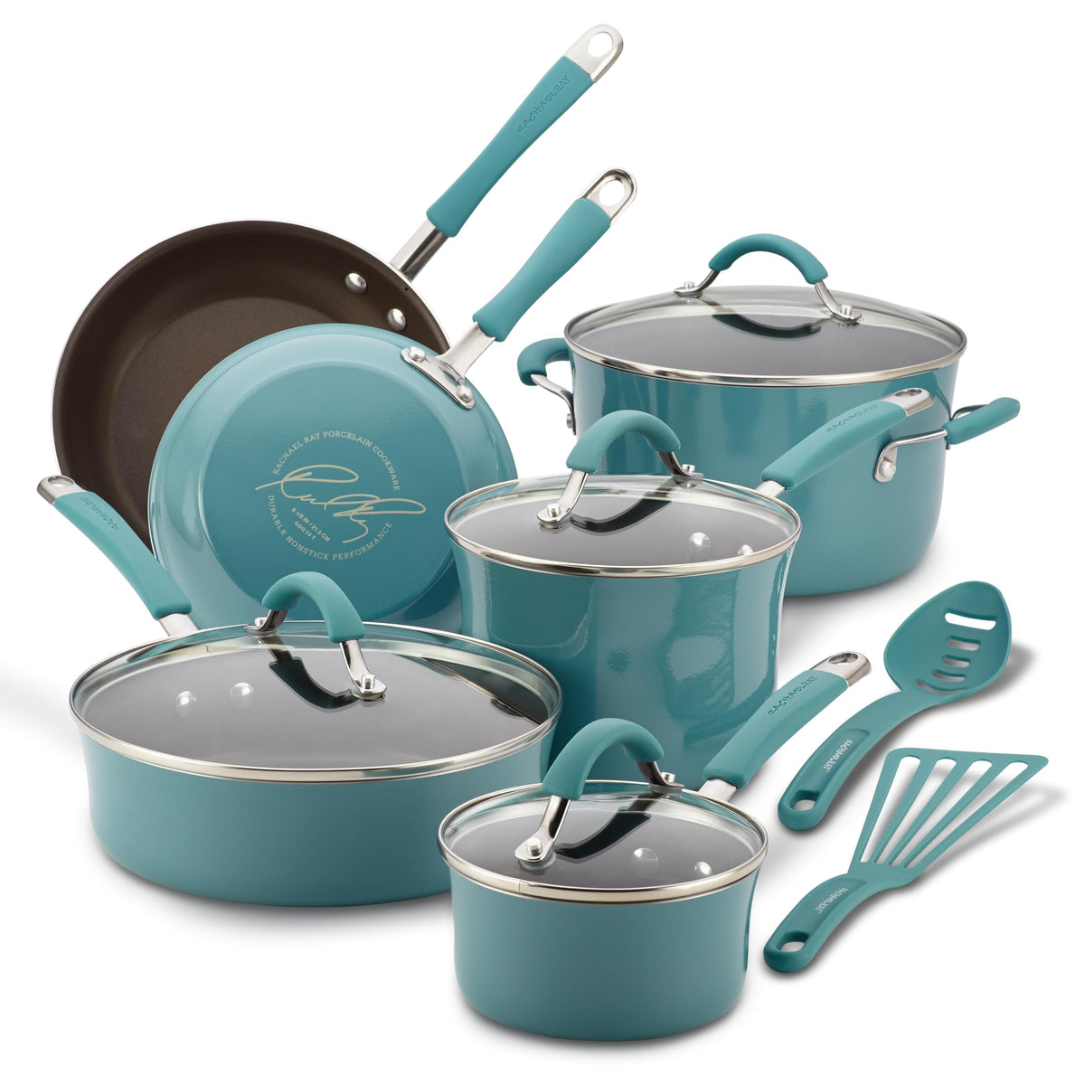 Rachael Ray Cucina 12-piece set overview with durable enamel exterior and easy cleanup.