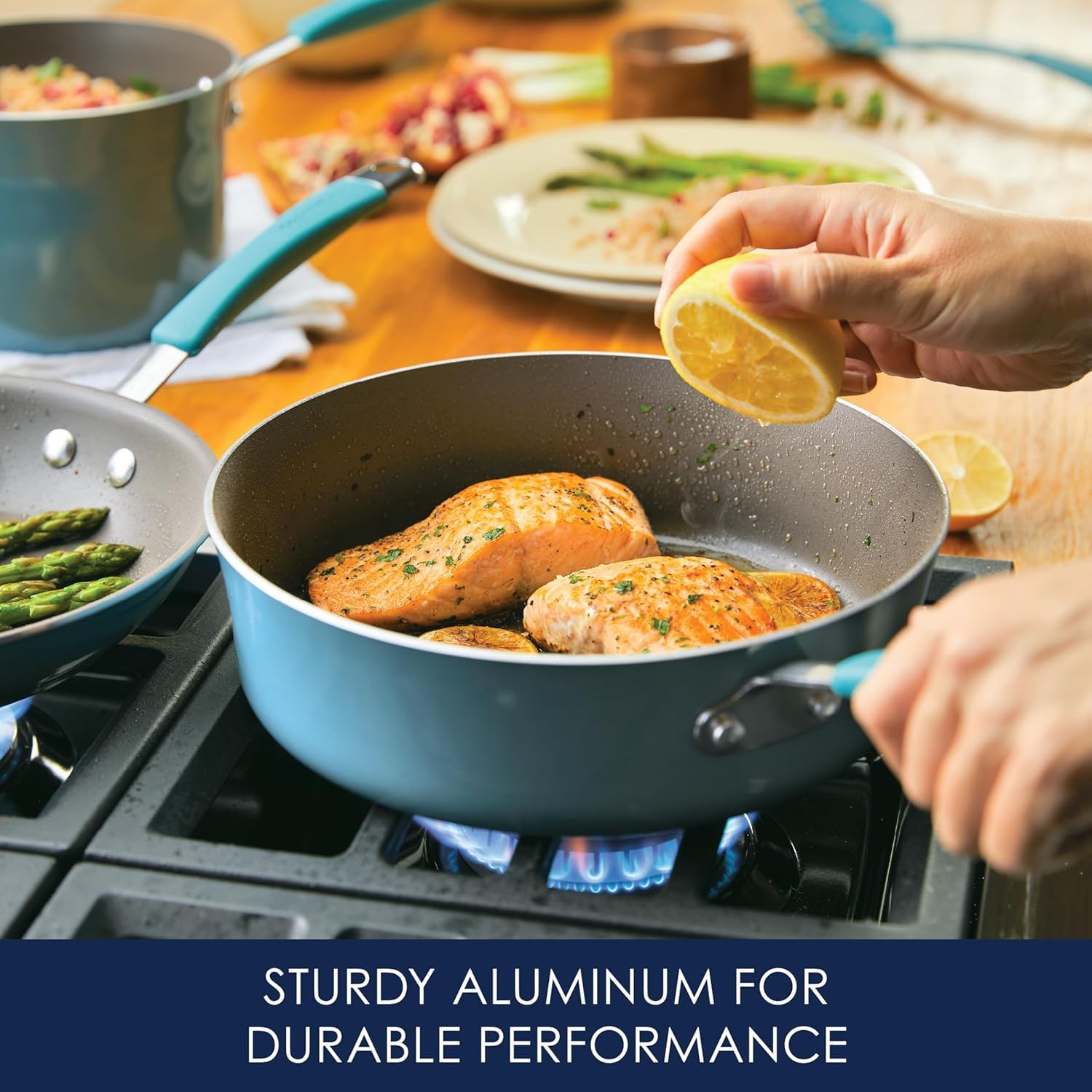 Rachael Ray Cucina 3-quart saucepan with lid for simmering sauces and grains.