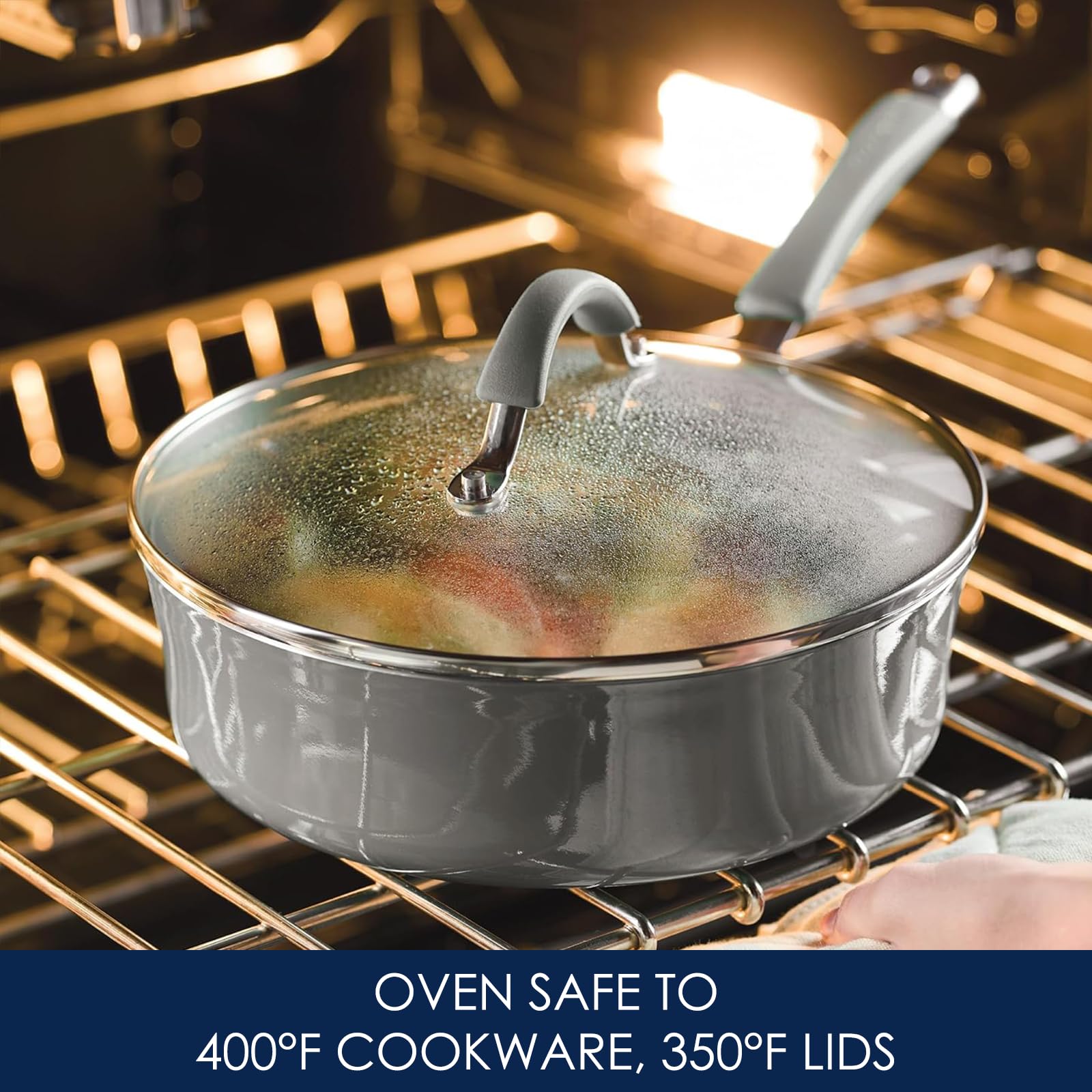 Apto para horno hasta 400°F, ofreciendo versatilidad en la cocina.