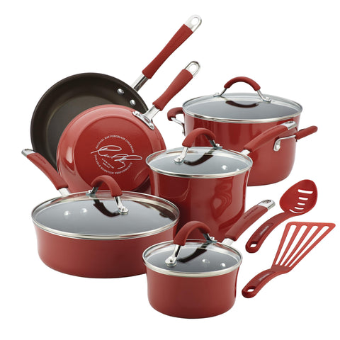 Rachael Ray Cucina 12-piece set in cranberry red for versatile daily cooking