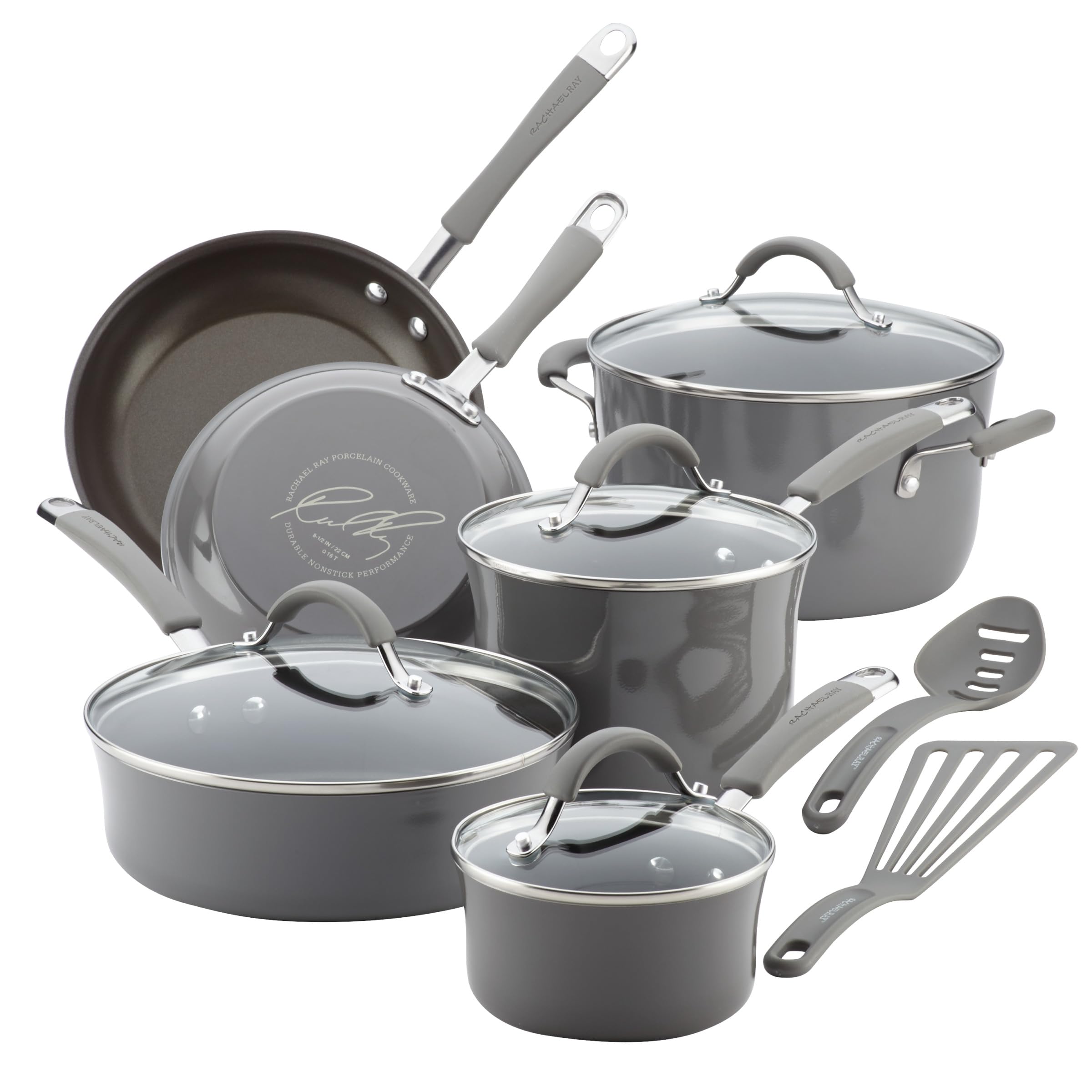 Rachael Ray Cucina, juego de ollas y sartenes de 12 piezas en gris sal marina, ideal para cocción.