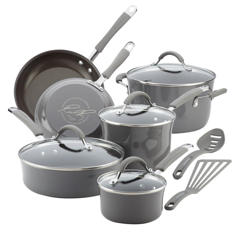 Rachael Ray Cucina, juego de ollas y sartenes de 12 piezas en gris sal marina, ideal para cocción.