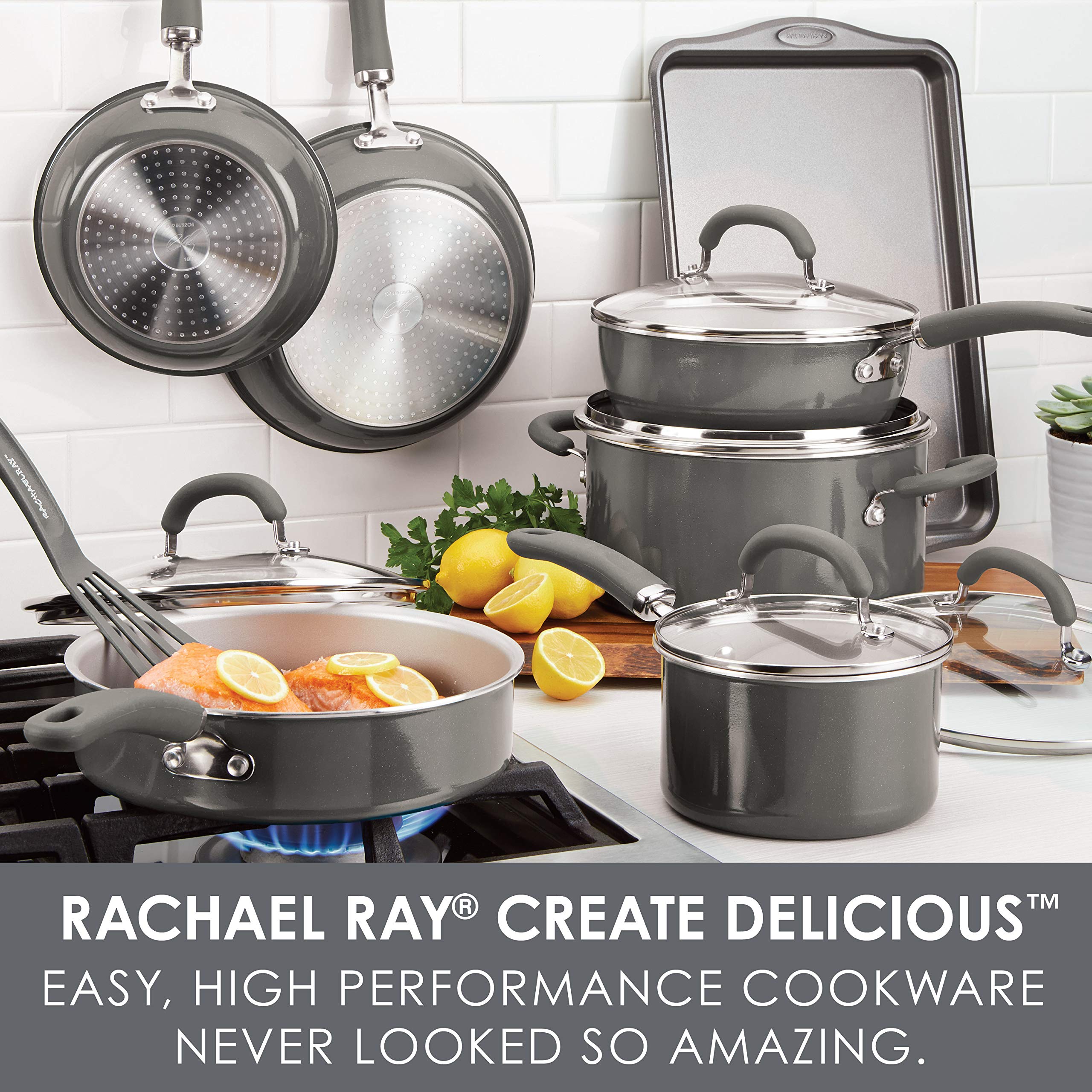 Rachael Ray cookware close-up reveals PlatinumShield nonstick surface for effortless food release and quick cleanup.