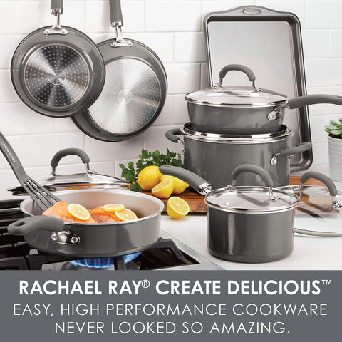 Rachael Ray cookware close-up reveals PlatinumShield nonstick surface for effortless food release and quick cleanup.