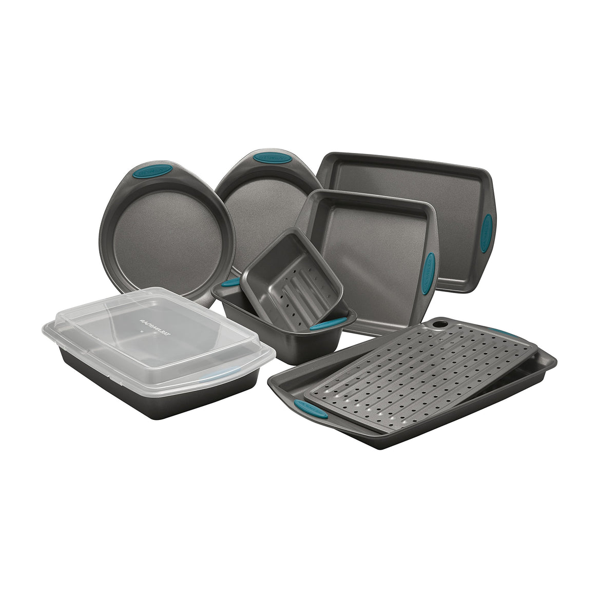 Rachael Ray Yum-o! 10-piece nonstick bakeware set in gray with blue grips for easy oven use.