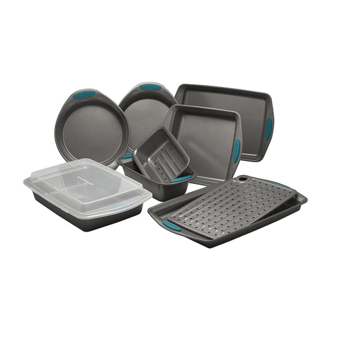 Rachael Ray Yum-o! 10-piece nonstick bakeware set in gray with blue grips for easy oven use.