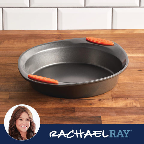 Rachael Ray Yum-o nonstick bakeware pan with grips designed for safe handling.