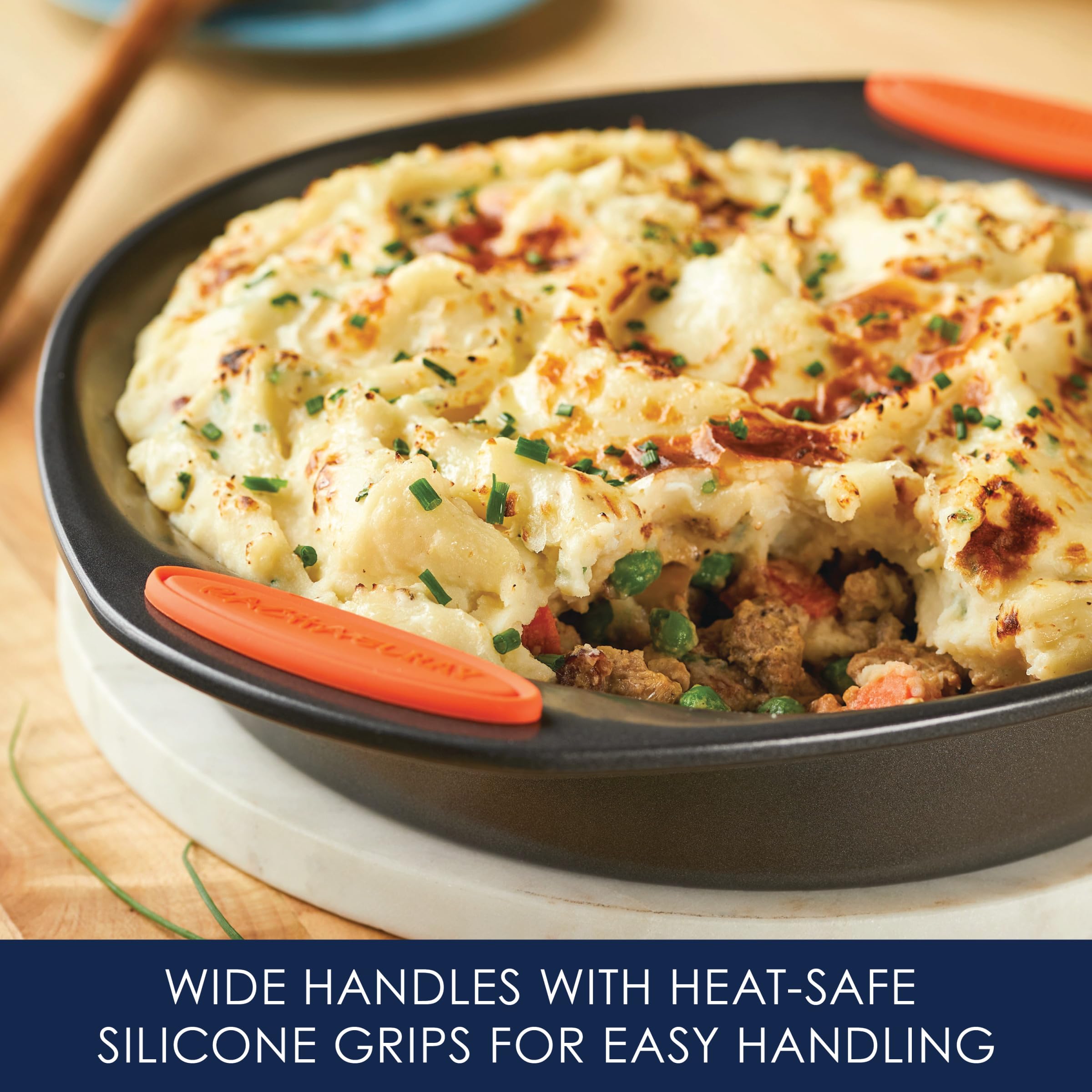 Rachael Ray Yum-o nonstick bakeware pan oven-ready up to 500°F.