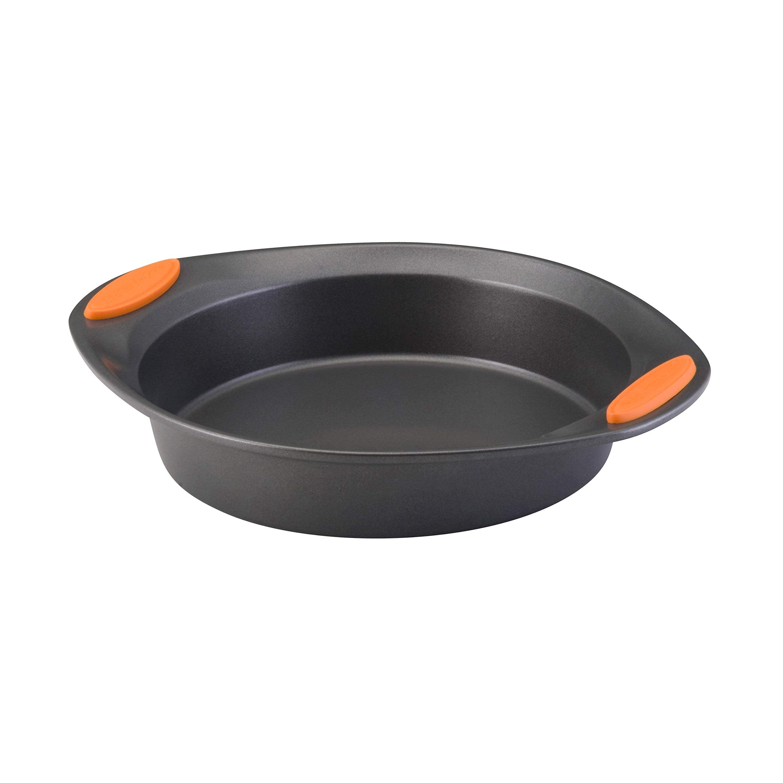 Rachael Ray Yum-o nonstick bakeware pan with grips, front view showing easy handling and release.