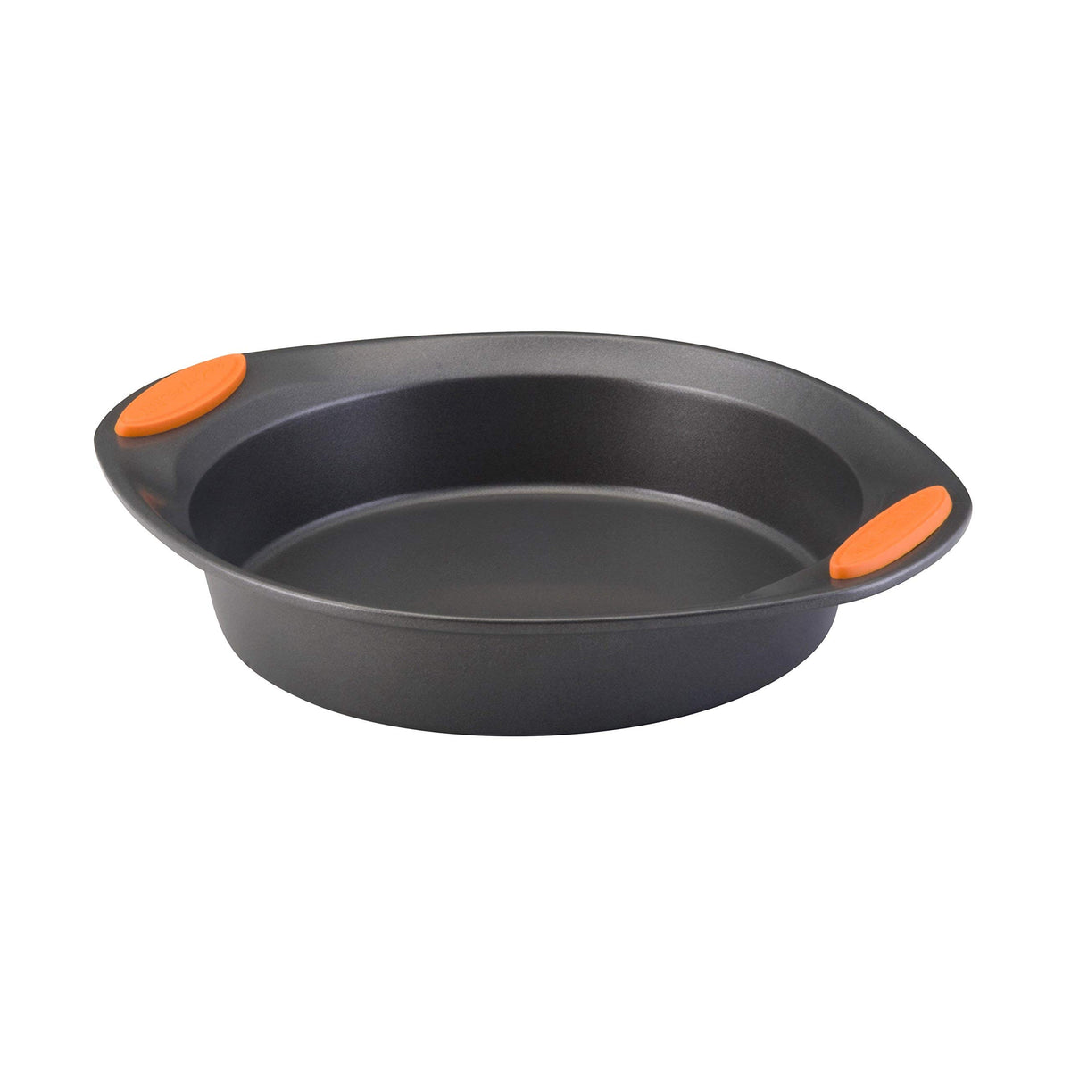 Rachael Ray Yum-o nonstick bakeware pan with grips, front view showing easy handling and release.