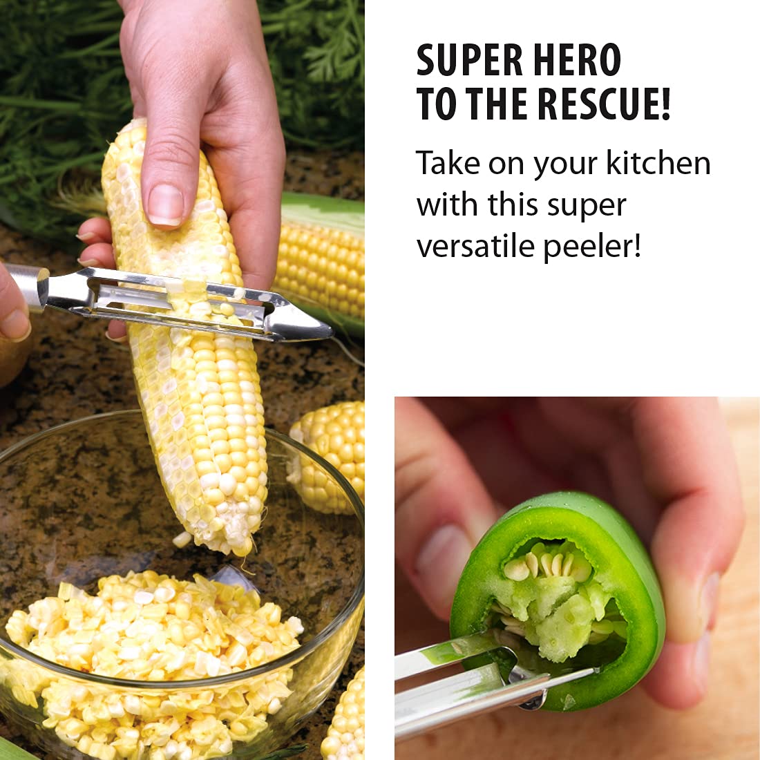 RADA Deluxe Vegetable Peeler shows satin aluminum and black resin handle options.
