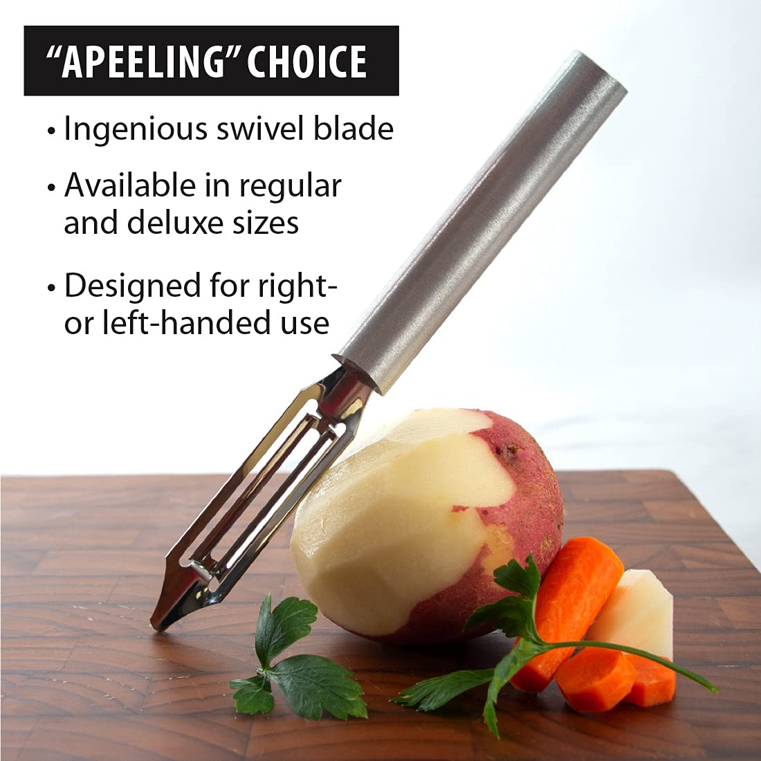 RADA Deluxe Vegetable Peeler left-handed friendly design supports comfortable prep.