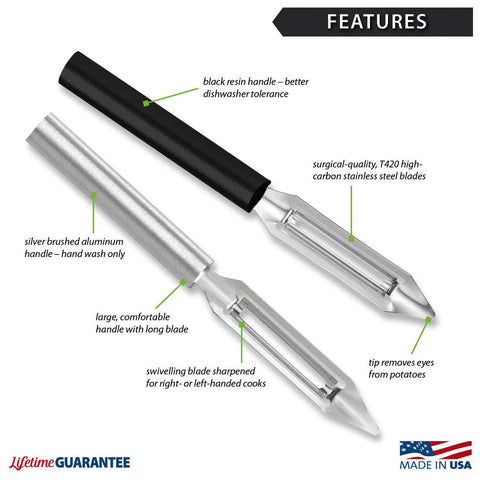 RADA Deluxe Vegetable Peeler swivel action demonstrates smooth peeling for either hand.