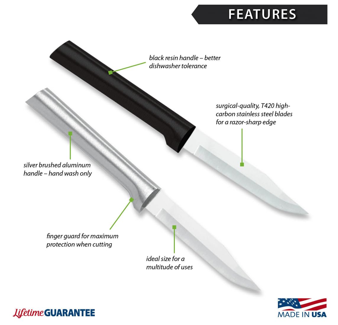 RADA Everyday Paring Knife handle detail highlighting durable dishwasher-safe black resin.