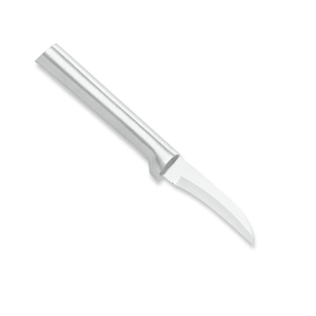 RADA Granny Paring Knife with silver handle close up shows reverse curved edge for precise peeling