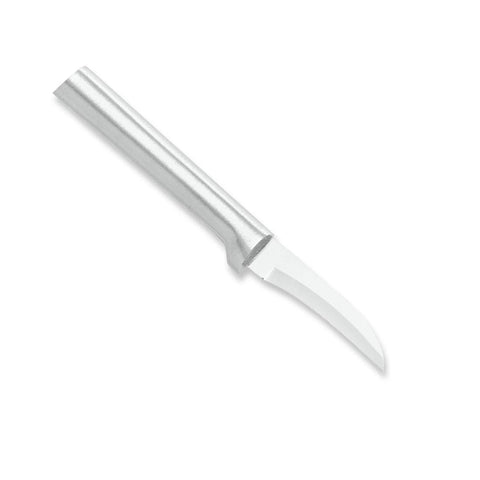 RADA Granny Paring Knife with silver handle close up shows reverse curved edge for precise peeling