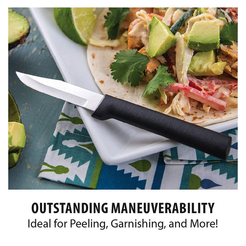 RADA peeling paring knife black resin handle conveys durability and dishwasher-safe design.