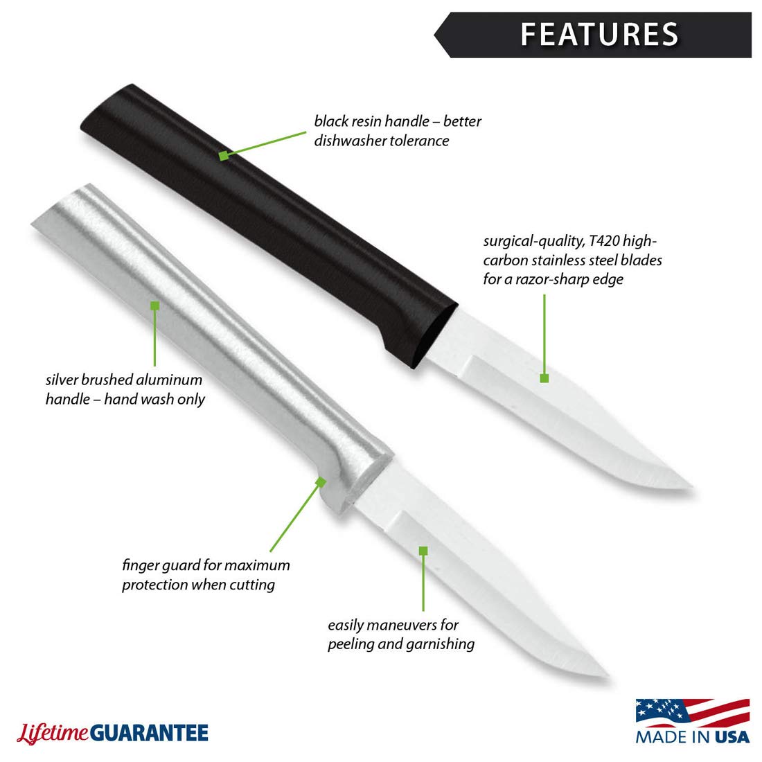 RADA peeling paring knife hollow-ground blade highlighting sharpness and edge retention.