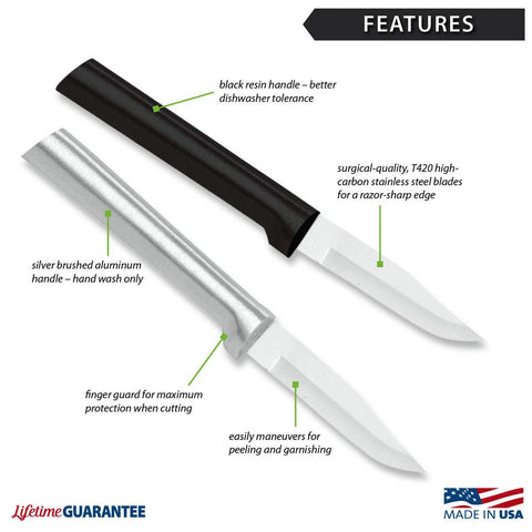 RADA peeling paring knife hollow-ground blade highlighting sharpness and edge retention.