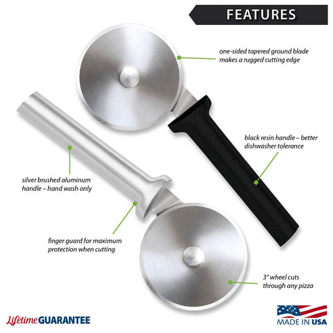 RADA pizza cutter blade detail with one-sided tapered ground edge for clean cuts.