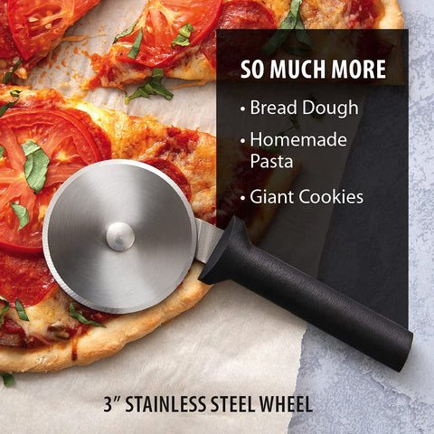 RADA pizza cutter in use slicing pizza with even crust relief.