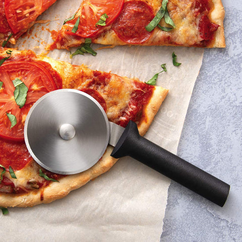 RADA pizza cutter wheel close-up highlighting sharp 300-series stainless steel blade.