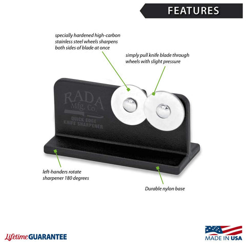 Rada Quick Edge Sharpener dual wheels demonstrate hardened stainless steel performance